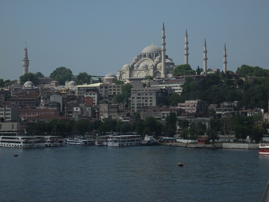 Walking across a bridge from our hotel to the historical district, we see the Suleymaniye mosque.